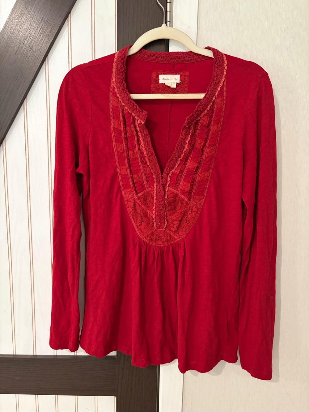 Anthropologie Meadow Rue Red‎ Lace Trim Prairie Cottagecore Blouse Large